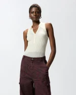 KNITTED SLEEVELESS POLO SHIRT WITH RIB KNIT PINKO